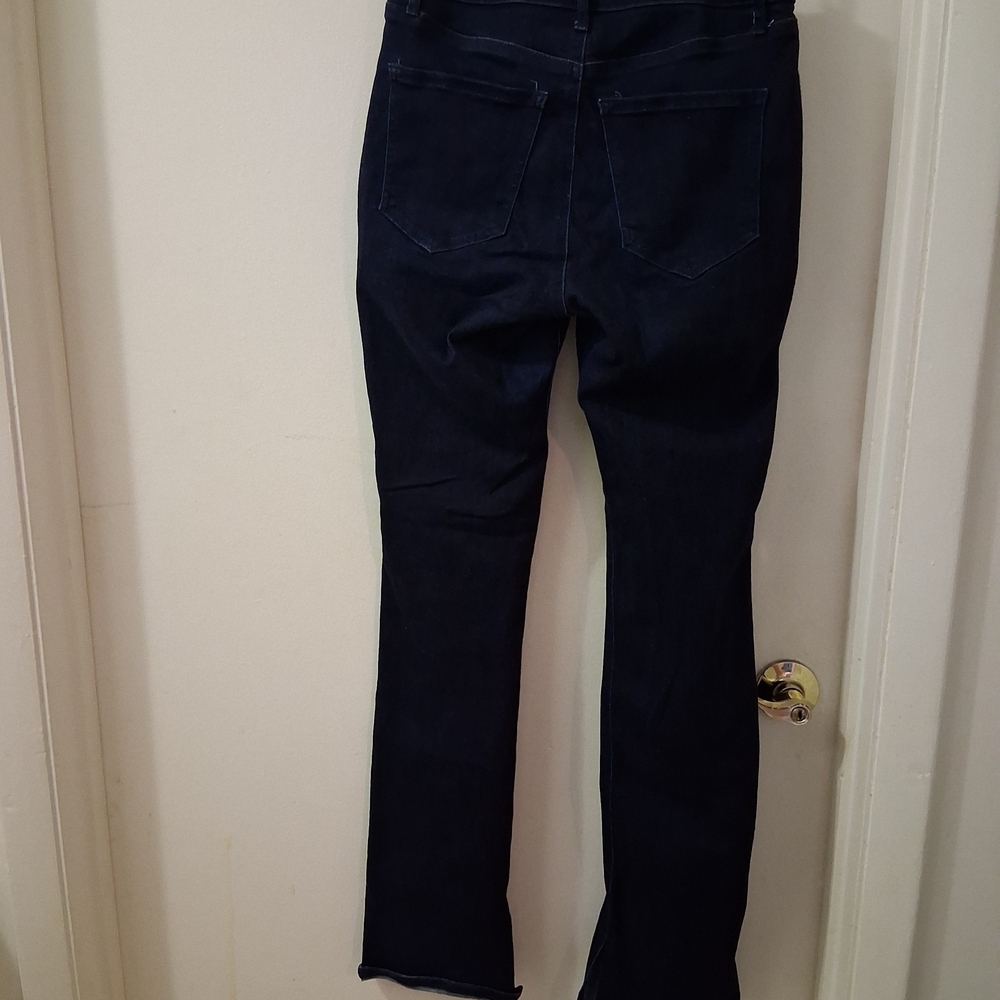 Express Dark Blue Women's Skyscraper Mid Rise Jeans. With Split Boot Flare - Picture 2 of 7